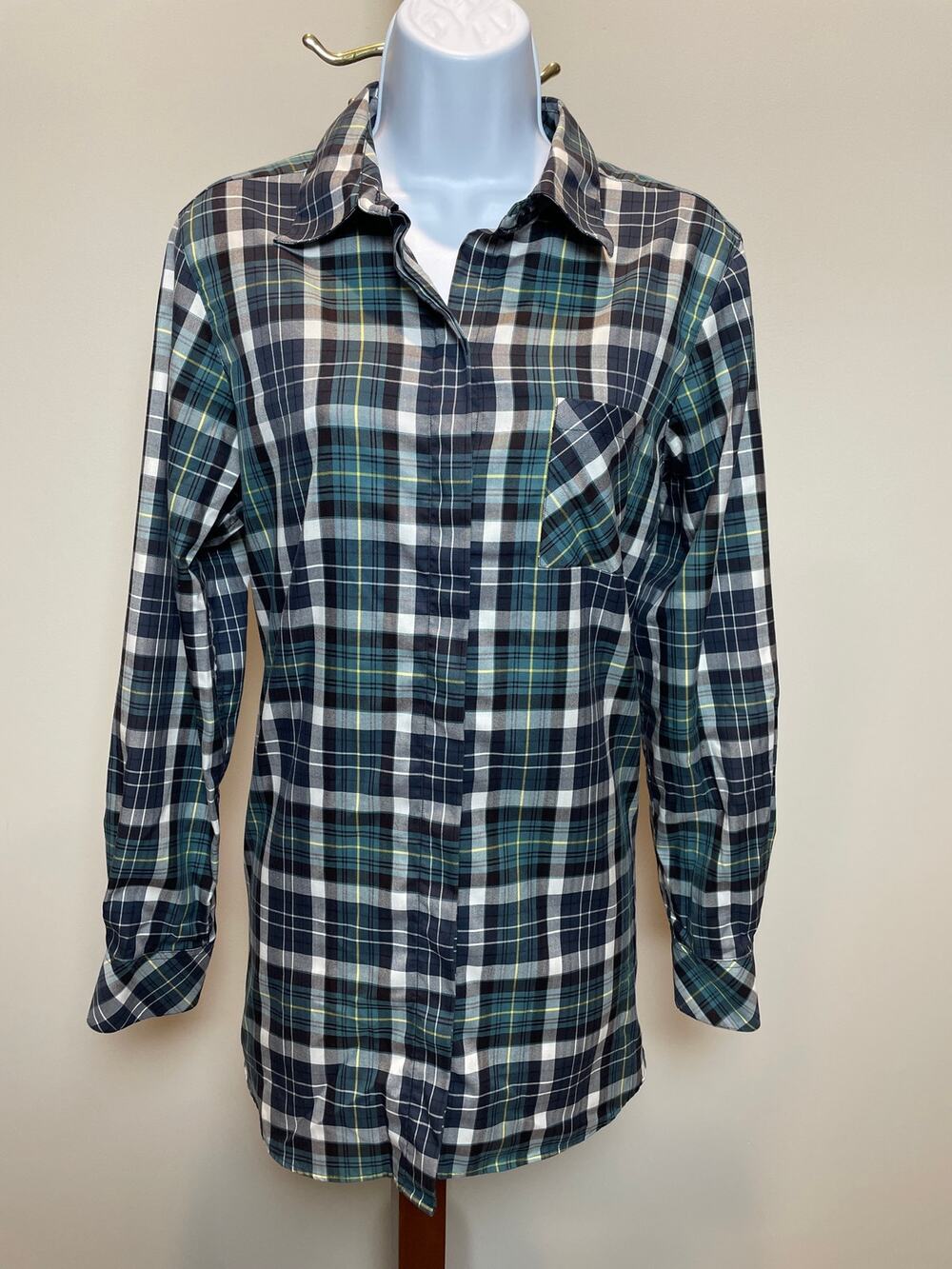 Orvis 100% Cotton Green Navy Plaid Button Down Shirt Size 12 Causal Basic